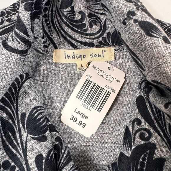 NWT Indigo Soul Floral Scroll Print Cowl Neck Grey Tunic Womens L Stretch Hi-Lo - Picture 7 of 16